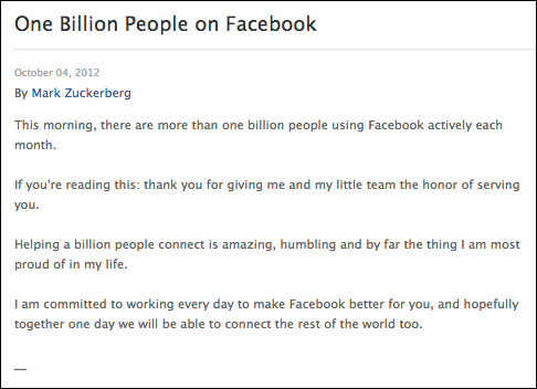 Facebook, Ξεπέρασε το 1 δισ. ενεργούς χρήστες