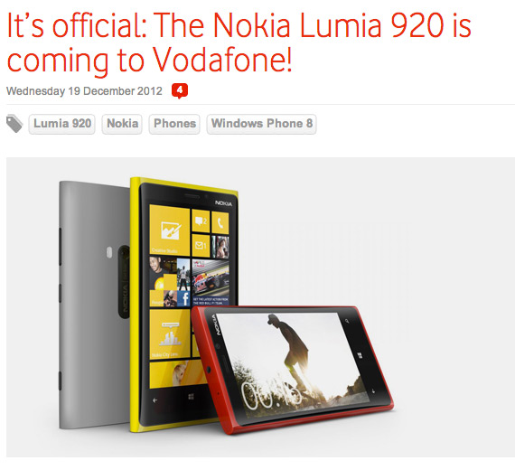 Nokia Lumia 920, Αρχές του νέου έτους το περιμένουμε Ελλάδα από τη Vodafone
