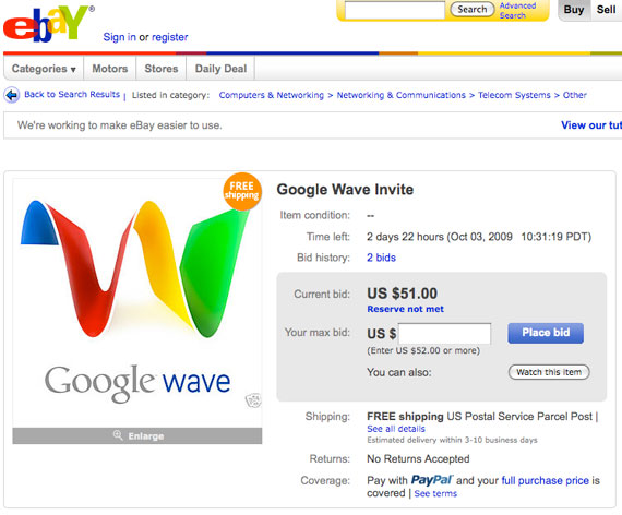 , Google Wave, Προσκλήσεις στο ebay!