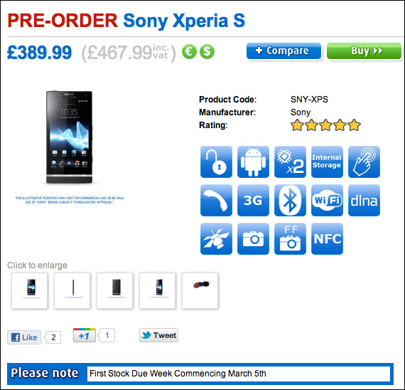 , Sony Xperia S, Αγγλία το περιμένουν αρχές Μαρτίου με 560 ευρώ