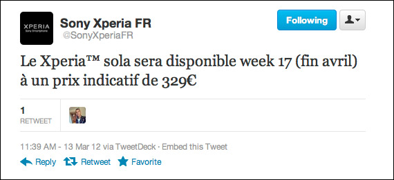 , Sony Xperia Sola, Κυκλοφορεί τον Απρίλιο με τιμή 329 ευρώ [Γαλλία]