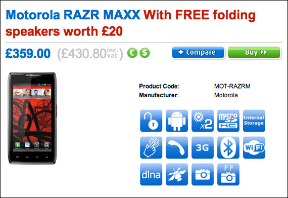 , Motorola RAZR MAXX, Πρώτη ενδεικτική τιμή 430 λίρες Αγγλίας (522 ευρώ)