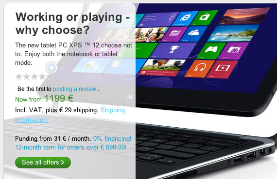 , Dell XPS 12, Το υβριδικό Windows 8 notebook-tablet κοστίζει 1199 ευρώ