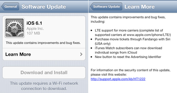 iOS 6.1, iOS 6.1, Διάθεση της αναβάθμισης και υποστήριξη Cosmote 4G
