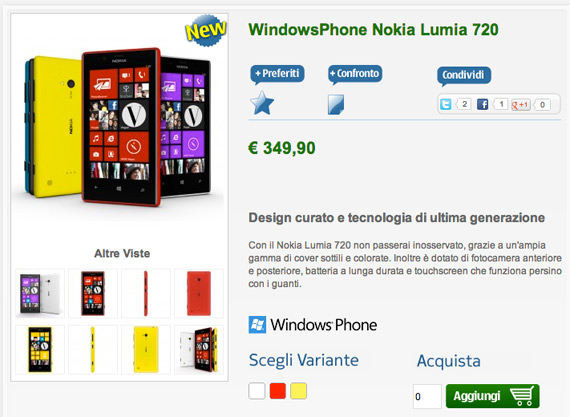 Nokia Lumia 720 τιμή, Nokia Lumia 720, Στην Ιταλία με τιμή 350 ευρώ