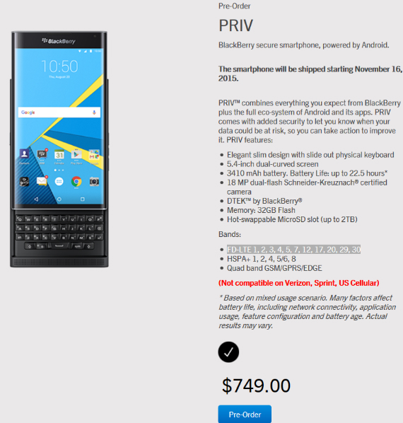 BlackBerry Priv: Με τιμή 749 δολάρια στο επίσημο κατάστημα, BlackBerry Priv: Με τιμή 749 δολάρια στο επίσημο κατάστημα
