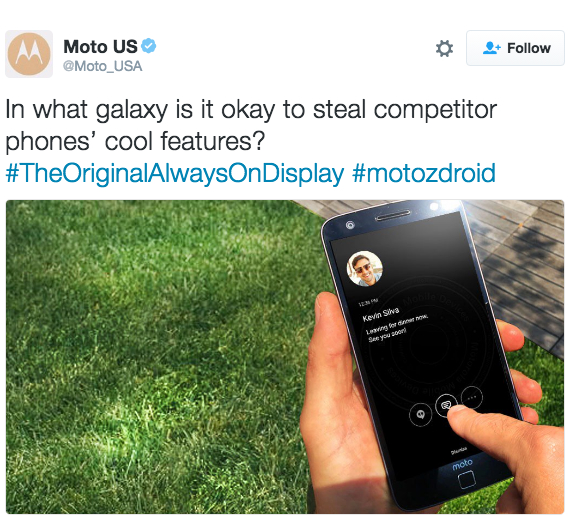 moto tweet galaxy note 7, Motorola: Λέει ότι Note 7 της έκλεψε το Always On display feature
