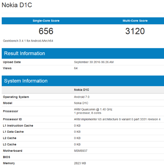 nokia dc1 geekbench, Nokia D1C: Στο Geekbench με Android Nougat και 3GB RAM