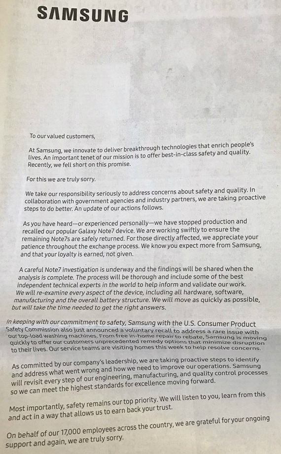 samsung apology, Samsung Galaxy Note 7: H ολοσέλιδη απολογία σε NY Times, WSJ, Washington Post