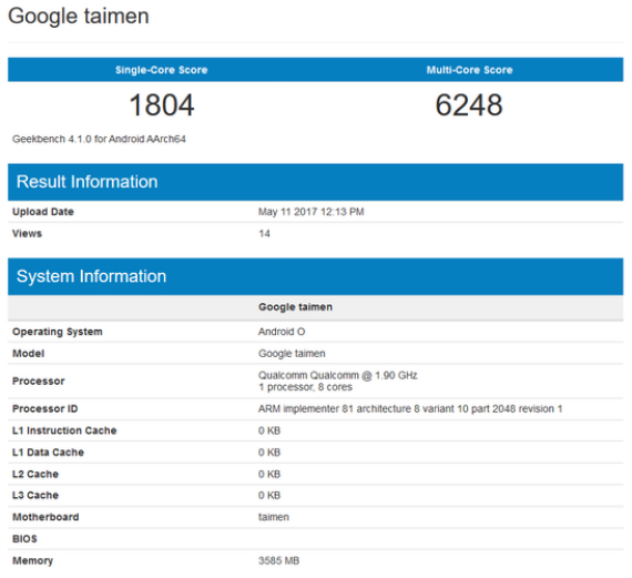 pixel 2 taimen, Pixel 2 (Taimen): Με Android O και Snapdragon 835 στο Geekbench