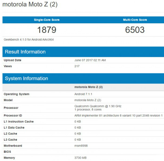 Moto Z2 specs, Moto Z2: Με Snapdragon 835 και 4GB RAM στο Geekbench