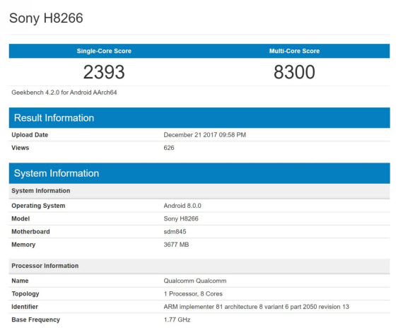 Sony Xperia H8266, Sony Xperia H8266: Με Android 8.0 και Snapdragon 845 στο Geekbench