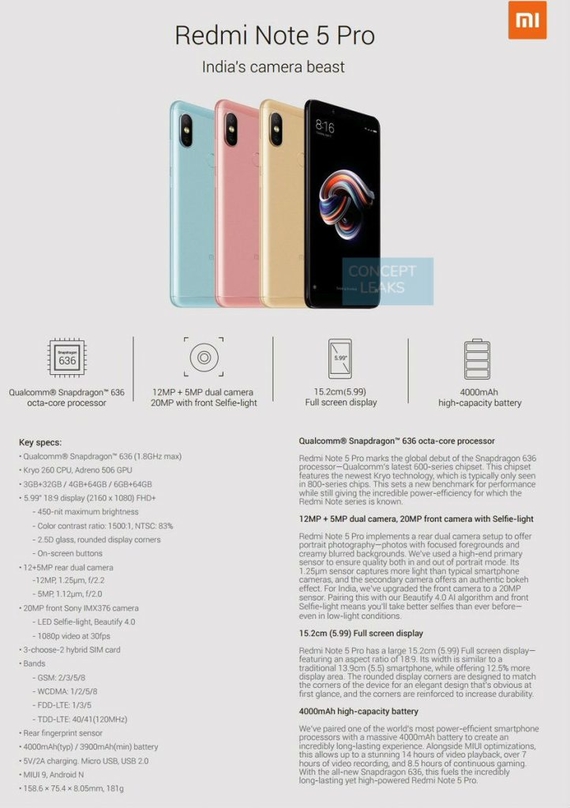 Redmi Note 5 Pro specs, Xiaomi Redmi Note 5 / 5 Pro: Διέρρευσαν τα χαρακτηριστικά