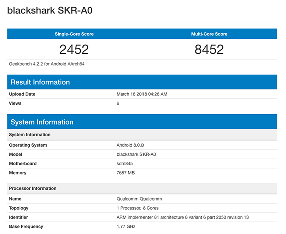 BlackShark, Το Xiaomi BlackShark στο Geekbench με Snapdragon 845 SoC και 8GB RAM