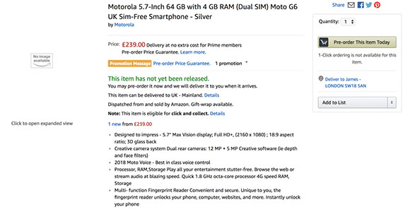 Moto G6, Moto G6: Αποκαλύφθηκαν η τιμή και τα χαρακτηριστικά του στο Amazon