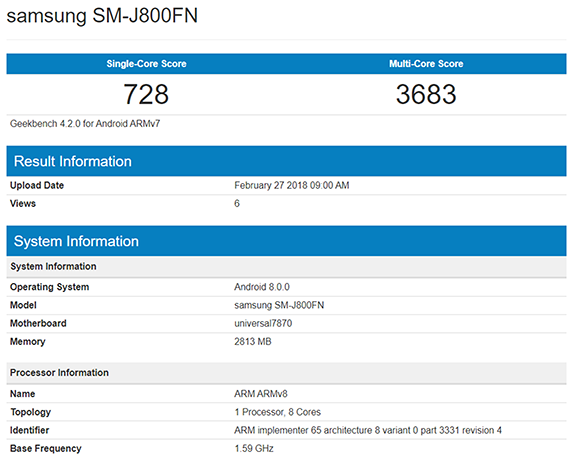 Samsung Galaxy J8, To Samsung Galaxy J8 στο Geekbench με Exynos 7870 SoC;