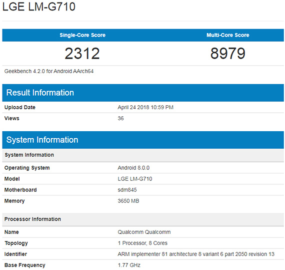 LG G7 ThinQ εμφάνιση βάση δεδομένων geekbench snapdragon 845 4gb ram, Το LG G7 ThinQ στο Geekbench με Snapdragon 845 και 4GB RAM