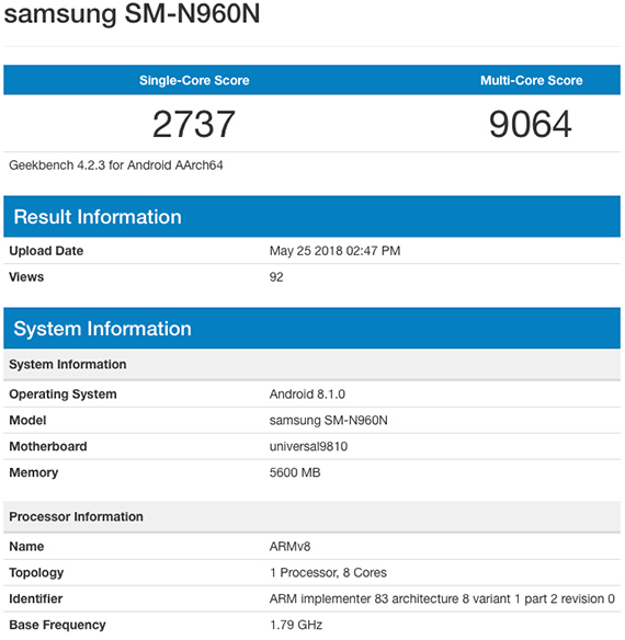 samsung galaxy note 9 geekbench τεχνικά χαρακτηριστικά, Το Samsung Galaxy Note 9 στο Geekbench με Exynos 9810 και 6GB RAM