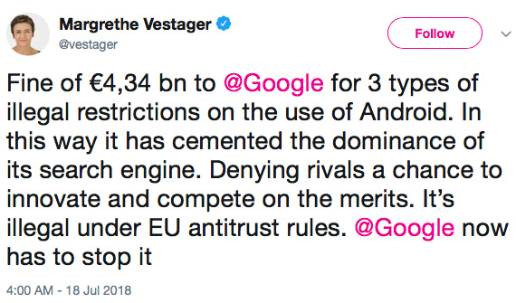 πρόστιμο ευρωπαϊκή επιτροπή 4.3 δισ ευρώ google ανταγωνιστές, Πρόστιμο 4.3 δισ. ευρώ στη Google από την Ευρωπαϊκή Επιτροπή για θέματα ανταγωνισμού