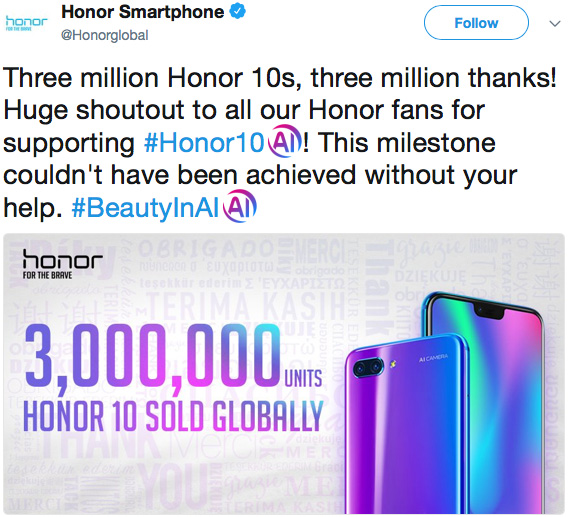 honor 3 εκατομμύρια πωλήσεις honor 10 τρεις μήνες, Το Honor 10 πούλησε 3 εκ. τεμάχια μέσα σε 3 μήνες