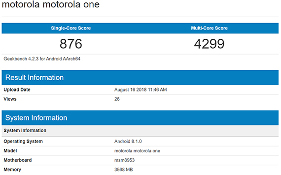 motorola one geekbench sd625 4gb ram, Motorola One με Snapdragon 625 και 4GB RAM εμφανίστηκε στο Geekbench