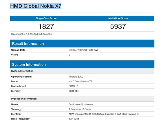 7.1 Plus, Nokia 7.1 Plus: Το Geekbench επιβεβαιώνει SD710 SoC λίγο πριν την επίσημη παρουσίαση