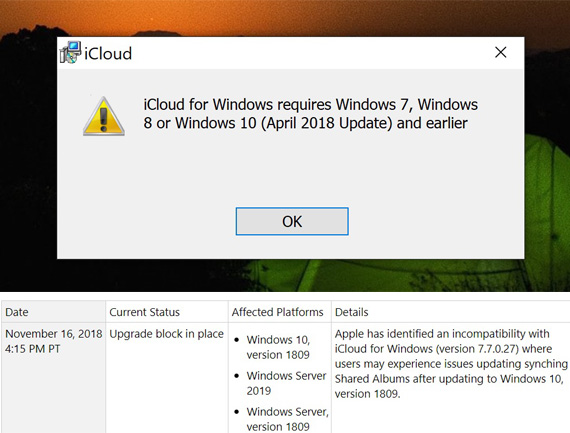 Πρόβλημα συμβατότητας Windows 10 iCloud october 2018 update, Πρόβλημα συμβατότητας των Windows 10 με το iCloud μπλοκάρει την εγκατάσταση του προγράμματος και του October 2018 Update