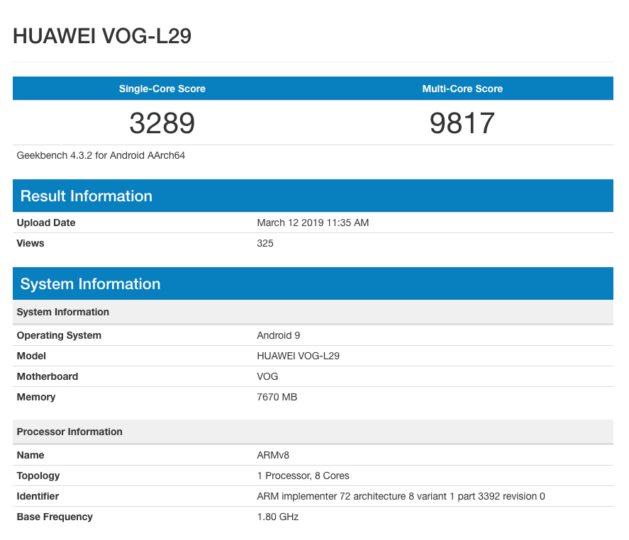 Huawei P30 Pro GeekBench, Huawei P30 Pro: Εμφανίστηκε στο GeekBench με Kirin 980 και 8GB RAM