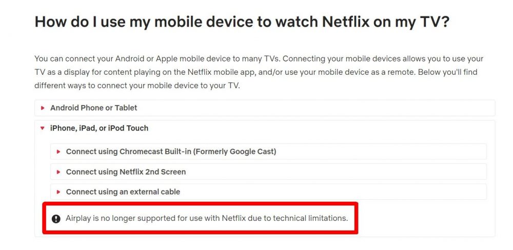 Netflix, Netflix: τέλος η υποστήριξη του AirPlay σε iOS συσκευές