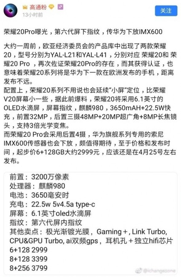 Honor 20 Pro, Το Honor 20 Pro θα έχει κάμερα Sony IMX600;