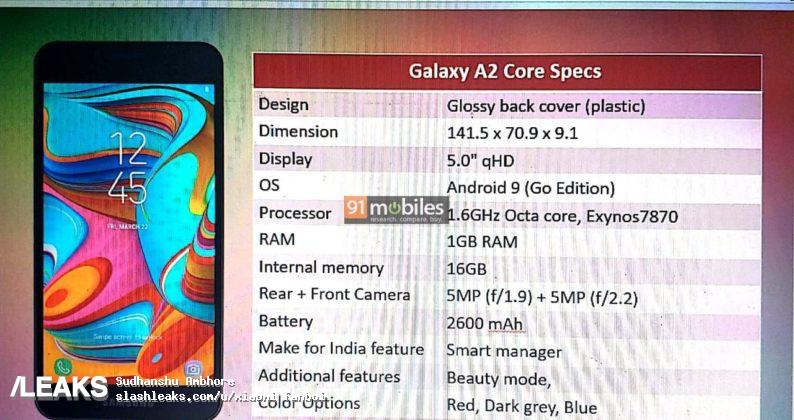 Samsung Galaxy A2 Core, Samsung Galaxy A2 Core: Έγινε leak με Exynos 7870, 1GB RAM, 2.600mAh και τιμή 65 ευρώ