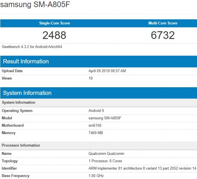 Samsung Galaxy A80, Samsung Galaxy A80: Εμφανίστηκε στο Geekbench με Snapdragon 6150, 8GB RAM και 25W ταχυφόρτιση