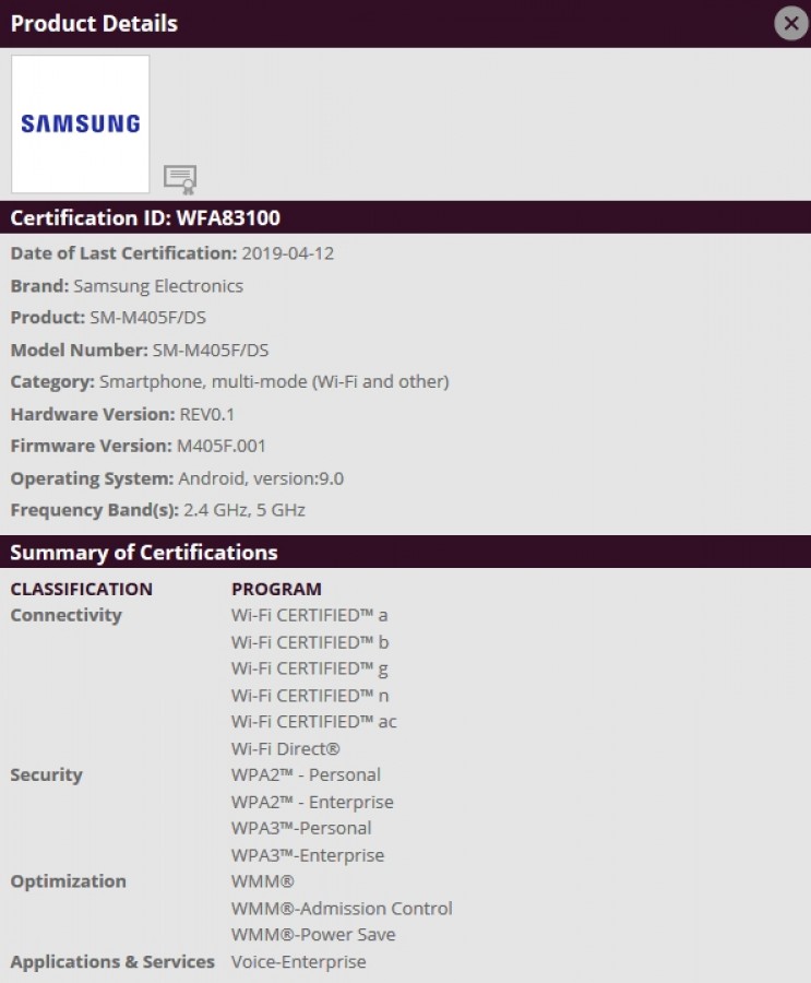 Galaxy M40, Samsung Galaxy M40: Πήρε πιστοποίηση Wi-Fi