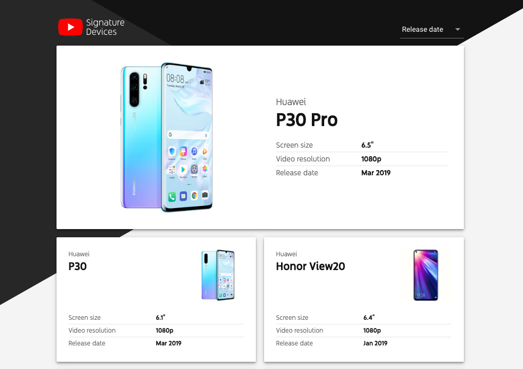 Huawei P30, Huawei P30, P30 Pro και Honor View20 στη λίστα των Signature Devices του Youtube
