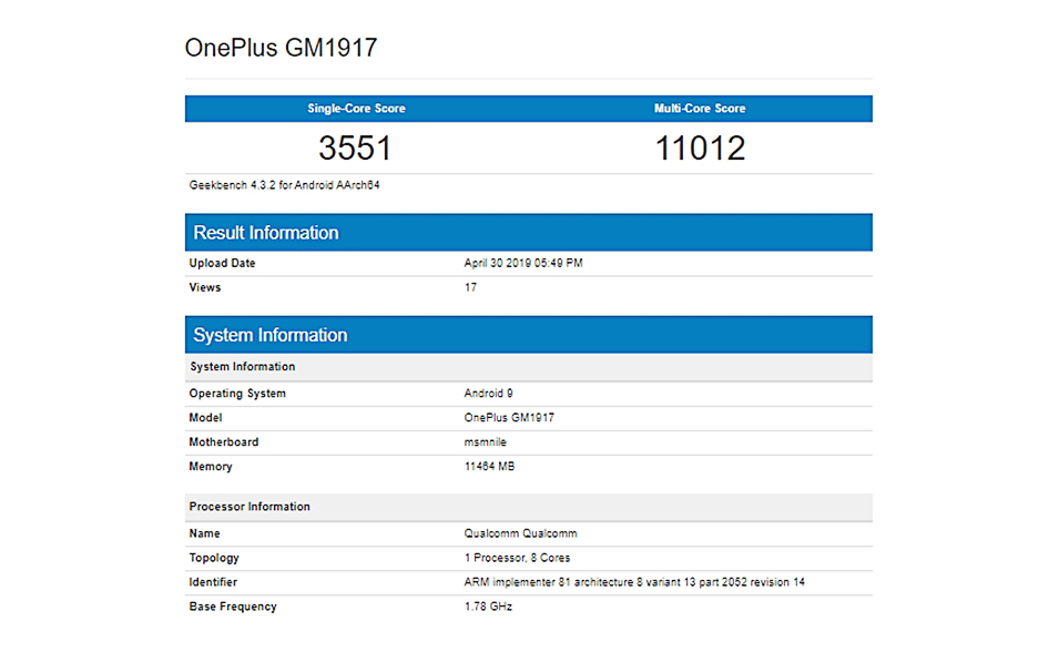 OnePlus 7 Pro, OnePlus 7 Pro: Καταχώρηση στο Geekbench επιβεβαιώνει 12GB RAM και Snapdragon 855