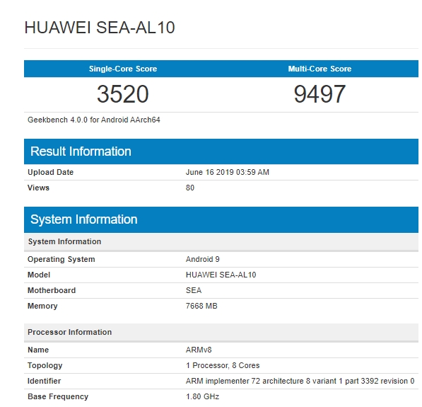 Huawei Nova 5 Pro, Huawei Nova 5 Pro: Καταχώρηση στο Geekbench επιβεβαιώνει Kirin 980 και 8 GB μνήμη RAM