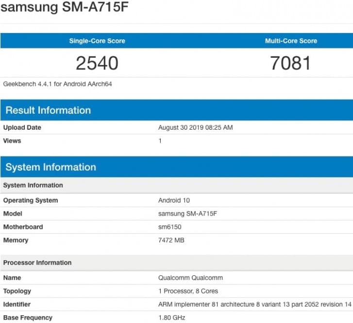Galaxy A71, Samsung Galaxy A71: Έκανε εμφάνιση στο Geekbench με κωδική ονομασία SM-A715F