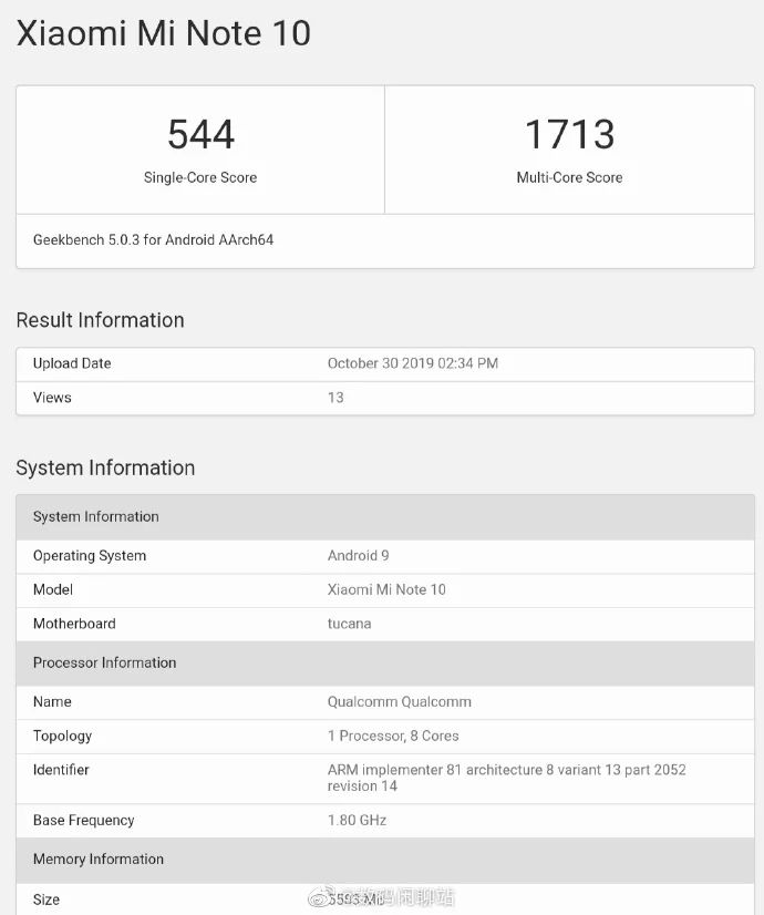 Xiaomi Mi Note 10, Xiaomi Mi Note 10 και 10 Pro: Πλήρης λίστα χαρακτηριστικών και επιδόσεις στο Geekbench
