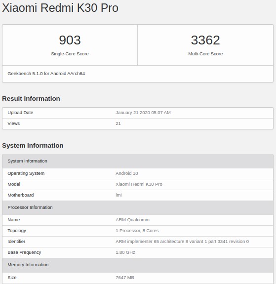 , Redmi K30 Pro: Εμφανίστηκε με Snapdragon 865 και 8GB RAM στο Geekbench