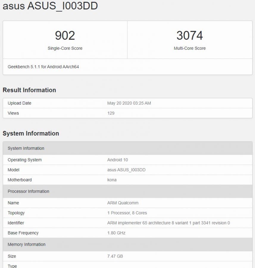Asus ROG Phone 3, Asus ROG Phone 3: Με Snapdragon 865, 8GB RAM και Android 10, στο Geekbench