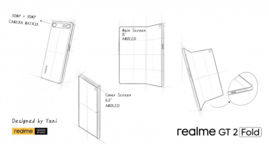 , Σκίτσα του Realme GT Fold υποδειλώνουν έναν αντίστροφο μεντεσέ από τα μέσα στα δεξιά