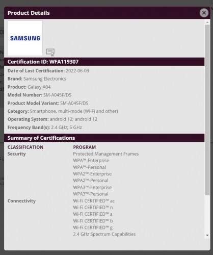 galaxy a04, Samsung Galaxy A04: Εντοπίστηκε στο Wi-Fi Alliance