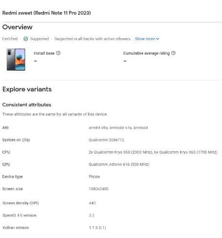 Redmi Note 11 Pro 2023, Redmi Note 11 Pro (2023): Spotted on Google Play Console with Snapdragon 712