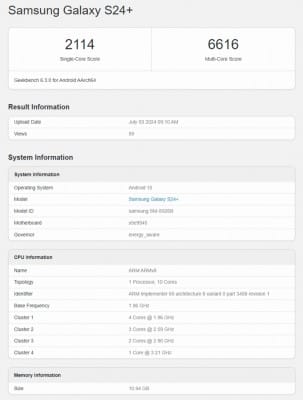 Samsung Galaxy S24+, Samsung Galaxy S24+: Στο Geekbench με Android 15 και One UI 7