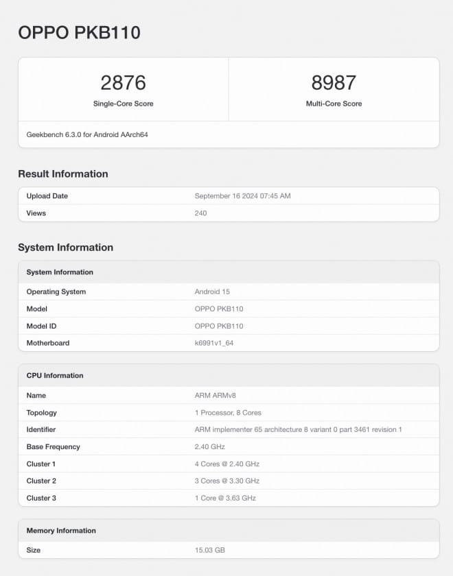 Oppo Find X8, Oppo Find X8: Τρέχει το Geekbench με Dimensity 9400