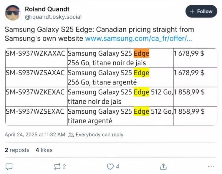 Samsung Galaxy S25 Edge, Galaxy S25 Edge: Η Samsung διέρρευσε κατά λάθος την τιμή του