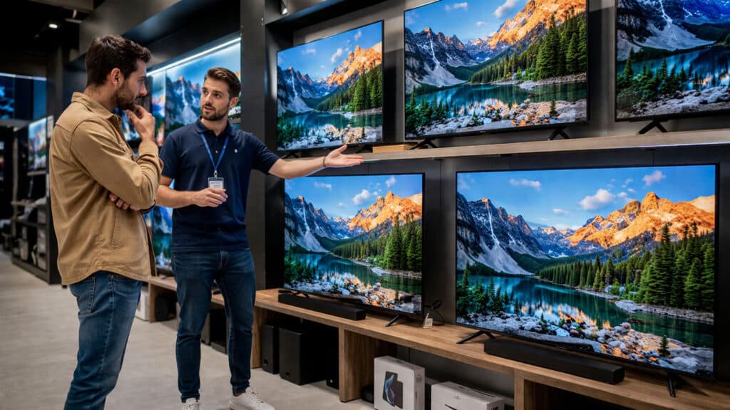 Electronics showcase with nature displays