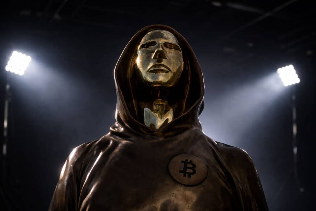 Faceless figure with Bitcoin medallion