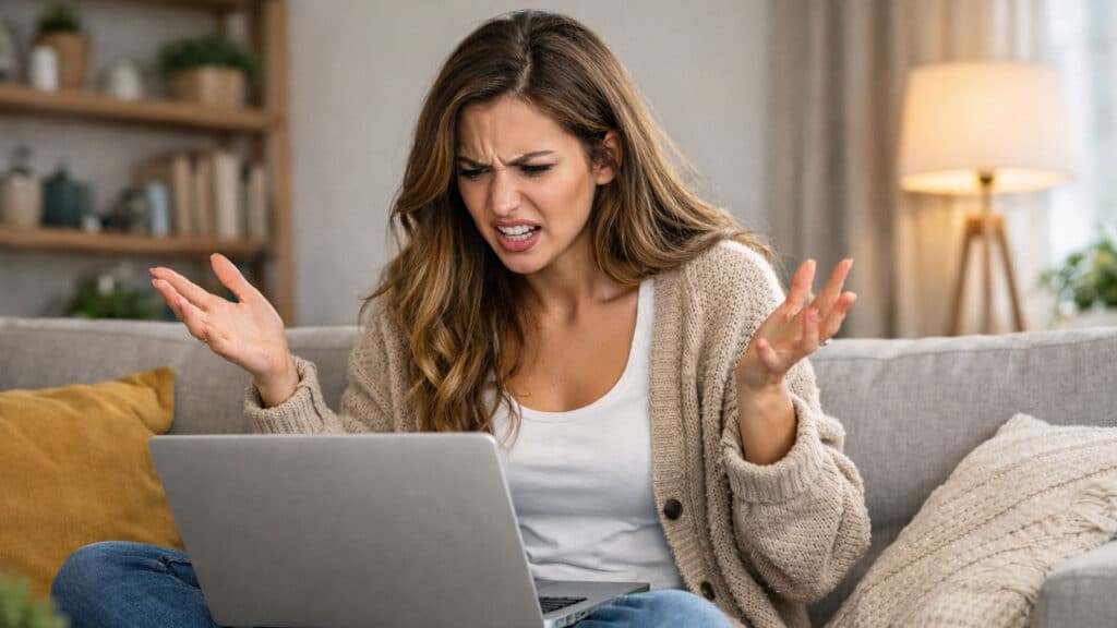 Frustrated with technology in a cozy room