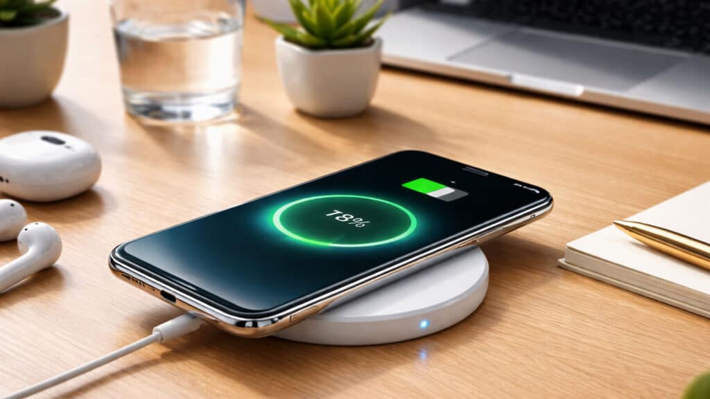 Smartphone charging wireless on a wooden desk